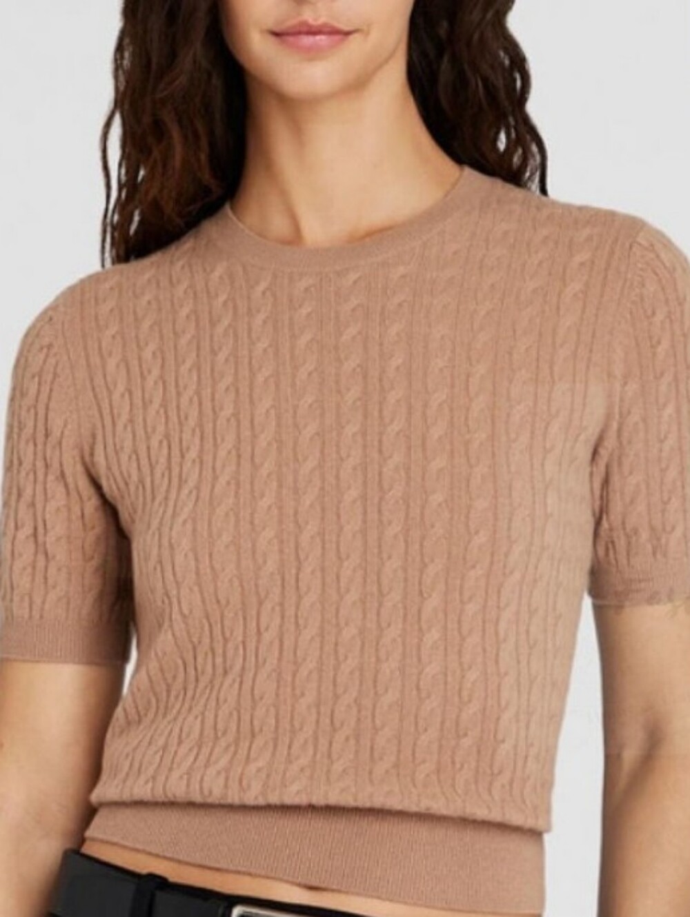 Club Monaco 100% Cashmere Camel Cable-Knit Short Sleeve Sweater XS Super Soft